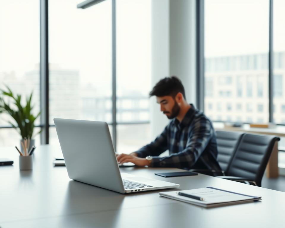 A sleek, modern office setting with a large desk in the foreground, showcasing a laptop and various office supplies. In the middle ground, a person sits at the desk, deep in concentration as they navigate an advanced AI-powered resume builder interface on the laptop screen. The background features floor-to-ceiling windows, allowing natural light to flood the space and creating a bright, airy atmosphere. The overall scene conveys a sense of innovation, efficiency, and the transformative power of AI-driven tools in elevating the resume-building process for job candidates.