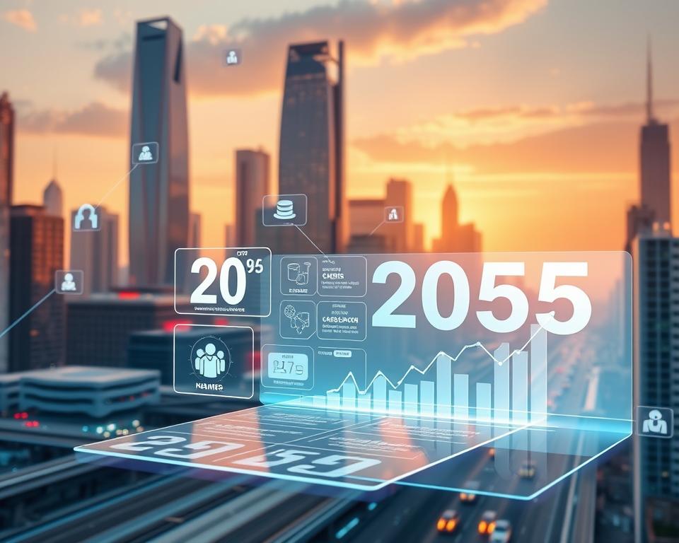 A dynamic 3D visualization of the 2025 job market trends, showcasing a futuristic cityscape with holographic data visualizations, floating job opportunities, and AI-powered career guidance systems. The scene is bathed in a warm, optimistic glow, conveying a sense of technological advancement and abundant job prospects. In the foreground, a sleek, minimalist interface displays a range of career options and growth trajectories, while the background features towering skyscrapers and transportation hubs, reflecting the evolving urban landscape and the integration of automation. The overall composition creates an immersive, forward-looking depiction of the job market's transformation in the year 2025.