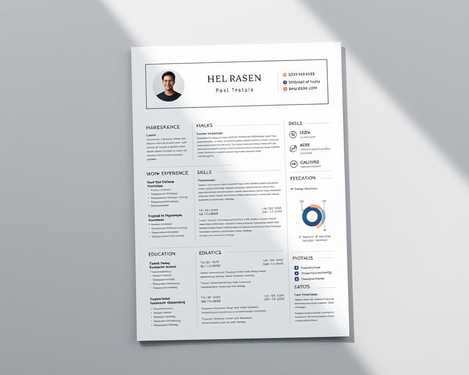 A clean, contemporary resume layout with a focus on key 2025 trends. A central header showcases the job seeker's name and contact details, framed by a minimalist border. Beneath, sections dynamically display work experience, skills, and education, arranged in a grid-like format. Subtle use of dynamic typography and data visualization elements draw the eye to important information. The overall aesthetic conveys professionalism, organization, and adaptability to the evolving job market. Soft, even lighting illuminates the resume from a high angle, casting gentle shadows that add depth and dimension. The composition is balanced, with a mid-gray background that allows the resume details to stand out clearly.