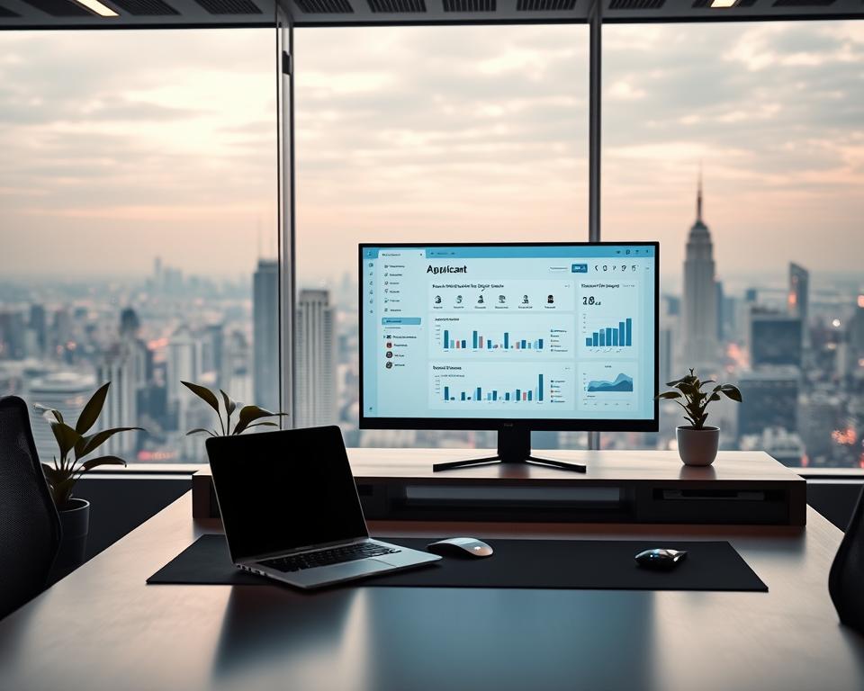 A sleek, modern office setting with a futuristic touch. In the foreground, a desktop computer screen displays a dynamic Applicant Tracking System interface, showcasing candidate profiles, job postings, and advanced data visualizations. The middle ground features a minimalist desk setup with a stylish laptop, a sleek mouse, and a tasteful plant. Soft, diffused lighting emanates from hidden sources, creating a warm, productive atmosphere. The background is a panoramic view of a bustling city skyline, hinting at the broader context of the job market and the importance of technology in the hiring process. The overall mood is one of efficiency, sophistication, and the seamless integration of human and machine.