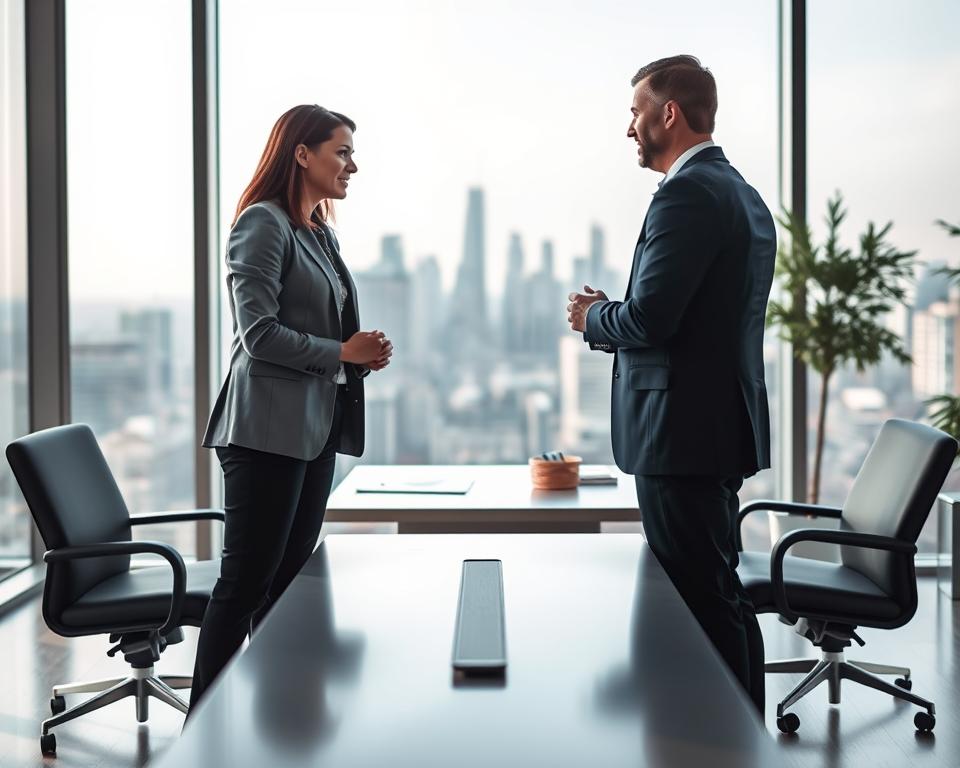 Ein moderner Büroraum mit natürlichem Licht, das durch große Fenster einfällt. Im Vordergrund sind zwei Fachleute in eine Gehaltsverhandlung vertieft. Ihre Körpersprache vermittelt den Eindruck eines durchdachten Dialogs. Im Mittelgrund ist ein schlichter Schreibtisch mit minimalem Dekor zu sehen, der die Konzentration auf die Verhandlung unterstreicht. Im Hintergrund ist die Skyline einer Stadt zu sehen, die der Szene einen Hauch von Bedeutung und Wichtigkeit verleiht. Die Gesamtstimmung ist von Professionalität, Zuversicht und dem Potenzial für ein für beide Seiten vorteilhaftes Ergebnis geprägt.