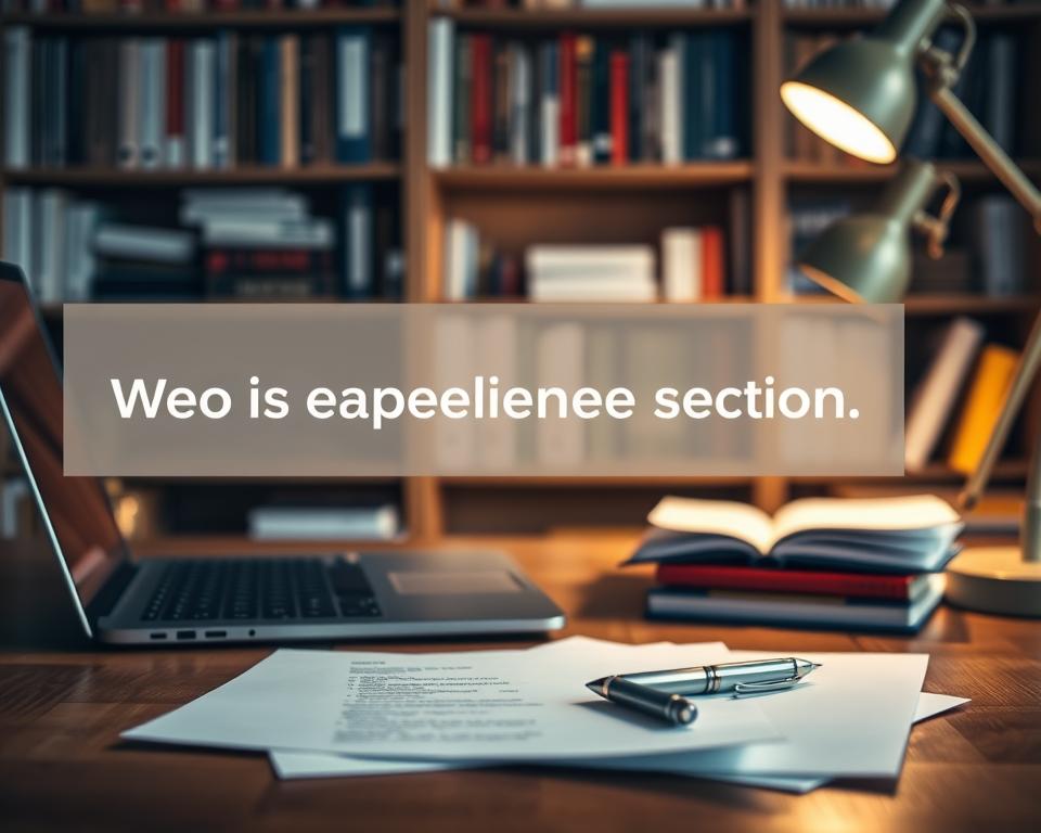 A neatly organized office workspace, with a laptop, pen, and a stack of papers on a wooden desk. The background features a bookshelf filled with relevant business and career-related books, casting a warm, focused glow from the desk lamp. The scene conveys the importance of the work experience section, highlighting the tools and resources necessary for showcasing one's professional journey and achievements. The lighting is soft and inviting, creating an atmosphere of productivity and attention to detail.