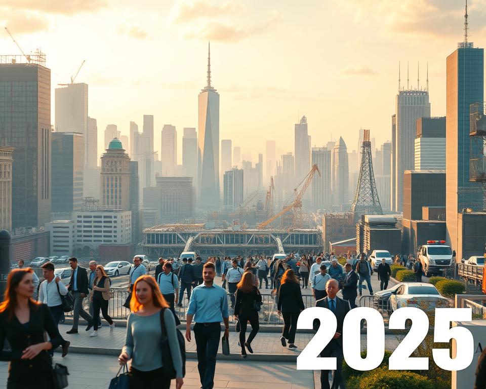 Eine belebte Stadtlandschaft im Jahr 2025, die den sich entwickelnden Arbeitsmarkt zeigt. Im Vordergrund navigieren Fachkräfte durch eine dynamische Landschaft und nutzen KI-gestützte Tools, um ihre Lebensläufe und Fähigkeiten zu verbessern. Im Mittelgrund sehen Sie eine Vielzahl aufstrebender Branchen, von Spitzentechnologie bis hin zu grüner Energie, die alle ihren eigenen Bedarf an Arbeitskräften haben. Im Hintergrund ist eine Skyline mit hoch aufragenden Wolkenkratzern und futuristischer Architektur zu sehen, die den rasanten Fortschritt widerspiegelt, der die Beschäftigungslandschaft verändert. Die warme, lebendige Beleuchtung vermittelt Optimismus und Chancen, während ein Gefühl von Bewegung und Energie die sich ständig verändernde Natur des Arbeitsmarktes von 2025 vermittelt.