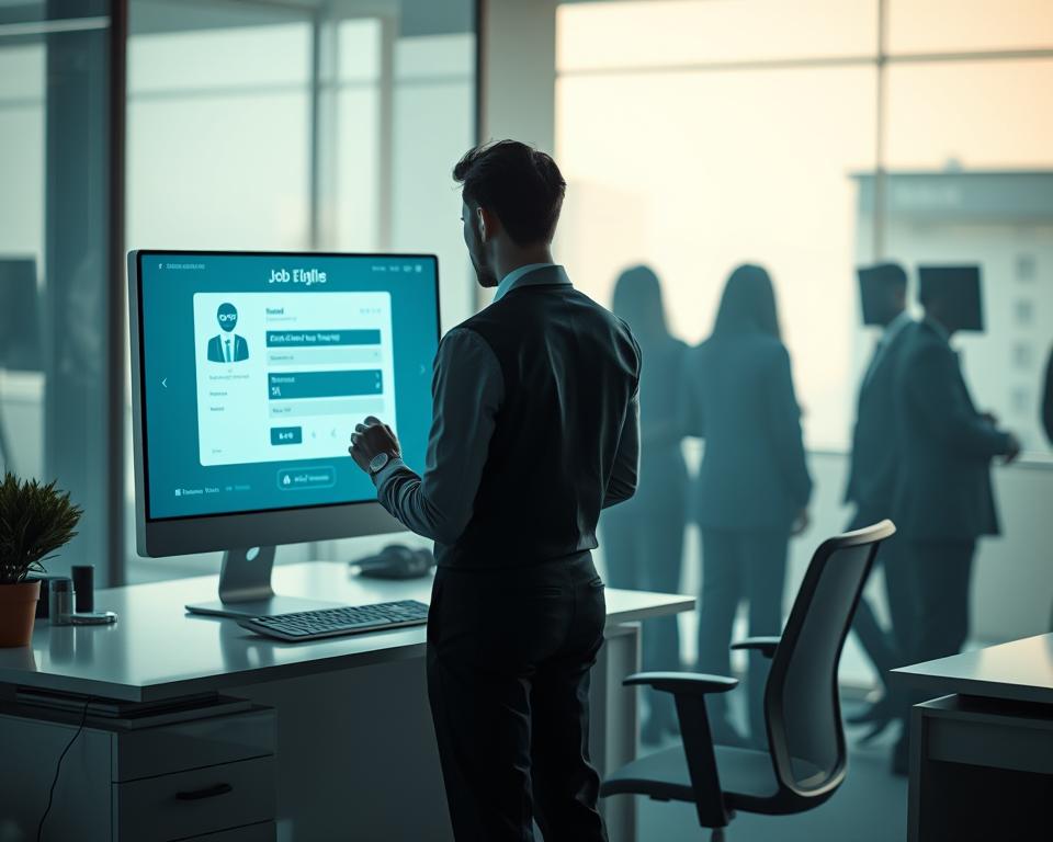 A futuristic office scene, with a desk and computer displaying a job application interface. In the foreground, a human figure in smart casual attire interacts with the AI-powered application, while in the background, the silhouettes of other applicants are visible, their faces obscured by a digital haze. Soft, directional lighting illuminates the scene, casting a warm, contemplative tone. The overall composition suggests the integration of AI technology into the job seeking process, hinting at both the opportunities and uncertainties that this technological shift may bring.