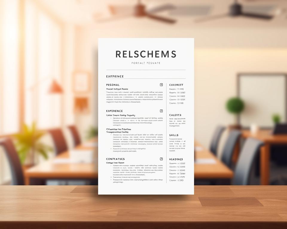 A professional-looking resume design with a clean, minimalist layout. The foreground features a neatly formatted resume template with sections for personal information, work experience, and skills, all arranged in a visually appealing manner. The middle ground showcases various resume formatting elements such as bullet points, headings, and consistent typographic treatments. The background has a soft, blurred office environment with a neutral color palette, creating a professional and focused atmosphere. Warm, directional lighting casts subtle shadows, adding depth and dimension to the design. The overall composition conveys a sense of organization, attention to detail, and a polished, impressive resume ready to be presented to potential employers.