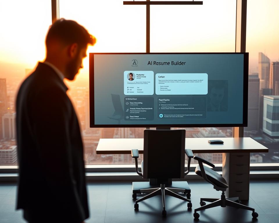 A futuristic office scene with an "AI Resume Builder" interface displayed on a large, sleek monitor. In the foreground, a person is interacting with the digital resume tool, their face partially obscured by the screen's glow. The middle ground reveals a minimalist workspace, with a stylish, ergonomic chair and desk. The background is filled with a panoramic view of a modern city skyline, bathed in warm, golden tones from the setting sun. The overall atmosphere is one of efficiency, innovation, and the seamless integration of technology into the professional world.