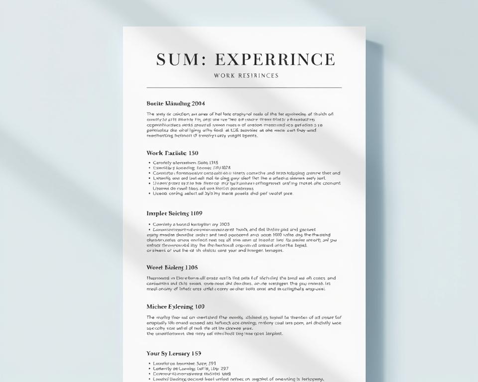 A meticulously designed resume layout showcasing an impactful work experience section. Elegant sans-serif typography highlights key achievements, skillfully organized in clean, minimalist columns. A subtle yet sophisticated color palette of muted grays and blues creates a professional, polished aesthetic. Carefully curated bullet points convey a clear narrative of career progression and impact, drawing the viewer's attention to the applicant's most relevant qualifications. Balanced negative space and strategic visual hierarchy guide the eye, creating an organized, easy-to-scan presentation. Soft, directional lighting casts gentle shadows, lending depth and dimension to the design. This compelling visual representation of a standout work history section elevates the resume, positioning the applicant as a highly capable, experienced professional.