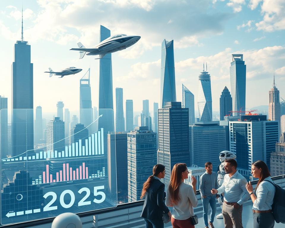A vibrant futuristic cityscape, with towering skyscrapers and sleek hovercraft zipping through the sky. In the foreground, a holographic display showcases projected job market trends for 2025 - graphs, charts, and statistics against a backdrop of rapidly evolving technologies. The middle ground features professionals of diverse backgrounds, collaborating and networking in an immersive, AI-powered work environment. The background is a kaleidoscope of innovation, with robots, autonomous vehicles, and advanced infrastructure shaping the urban landscape. Soft, diffused lighting casts an optimistic glow, conveying a sense of progress and endless possibilities for the future job market.