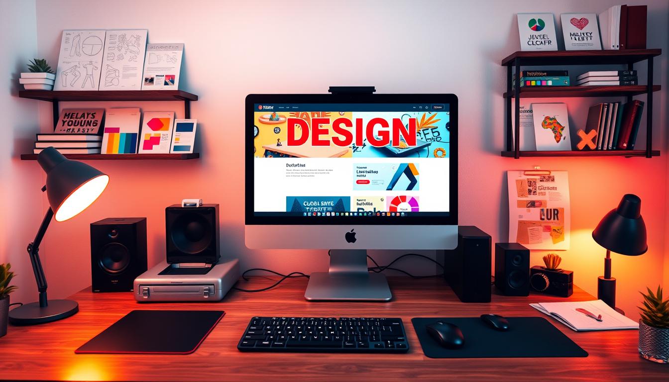 Um ambiente de escritório bem iluminado com uma secretária que exibe um computador de secretária, um rato e um teclado. No ecrã, um modelo de design visualmente apelativo com tipografia arrojada, cores vibrantes e uma disposição simples. À volta da secretária, as prateleiras apresentam uma série de elementos de design, tais como esboços, paletas de cores e quadros de inspiração. A iluminação quente e ambiente emite um brilho suave, criando uma atmosfera confortável e criativa. O cenário geral transmite a facilidade e a flexibilidade de personalizar modelos de design para satisfazer as suas necessidades únicas e preferências estéticas.