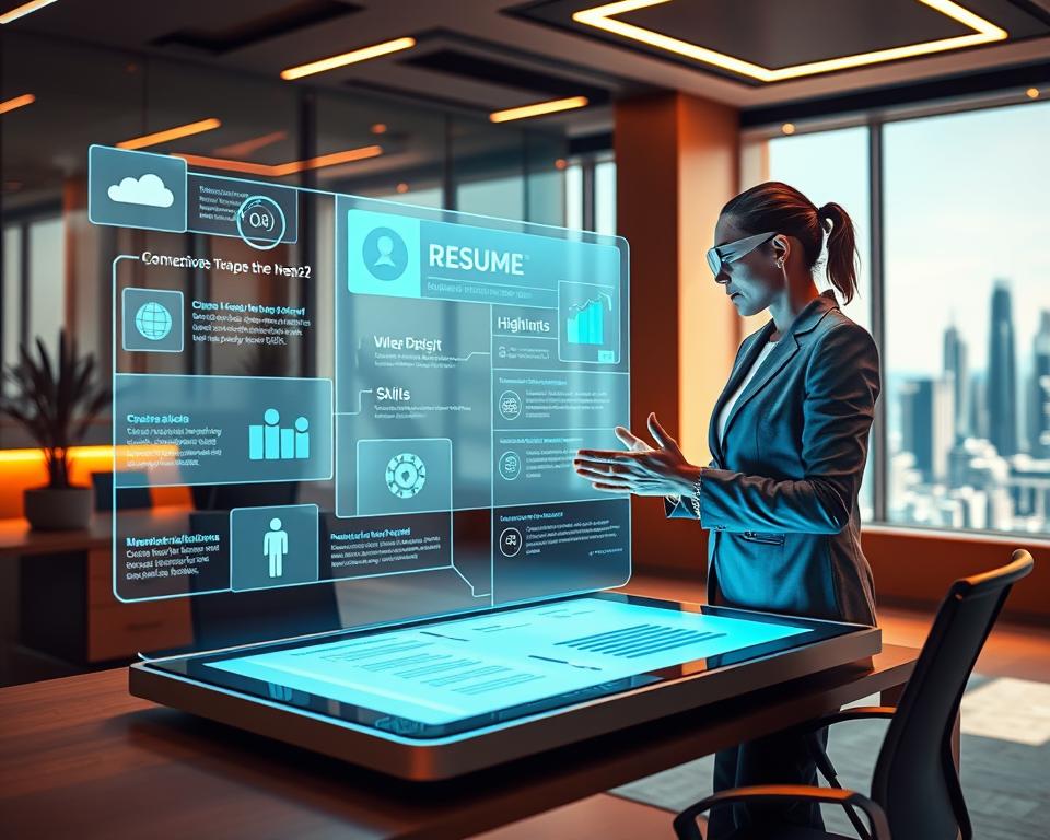 A futuristic office space, bathed in warm, natural lighting. In the foreground, a desk with a sleek, holographic display showcasing a dynamic, interactive resume. Floating interfaces and 3D-rendered graphics illustrate career highlights, skills, and achievements. In the middle ground, a professional dressed in smart, adaptive attire reviews the virtual resume, gesturing with their hands to navigate the immersive UI. The background reveals a panoramic city skyline, hinting at the competitive, high-tech job market of 2025. The scene conveys a sense of innovation, opportunity, and the importance of a visually captivating, technologically-advanced resume to stand out in a rapidly evolving employment landscape.