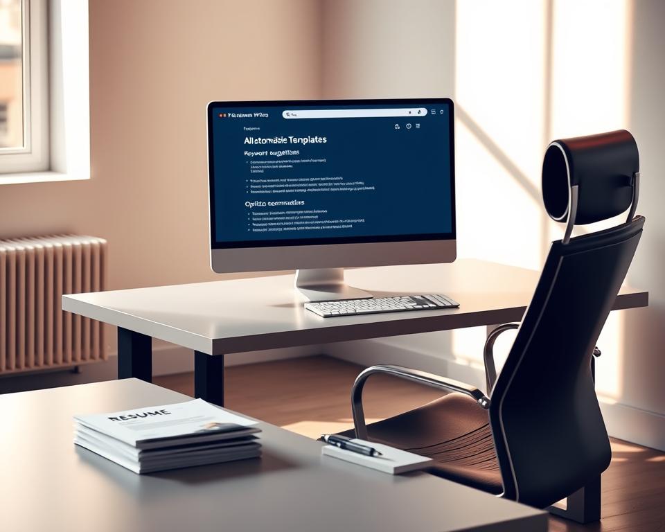 A sleek, minimalist office setting with a desk, chair, and computer. On the computer screen, an AI-powered resume writing interface is displayed, showcasing customizable templates, keyword suggestion tools, and optimization recommendations. Beside the desk, a stack of resumes and a pen rests, hinting at the seamless integration of AI and human input. The room is bathed in warm, natural lighting, conveying a sense of productivity and innovation. The overall scene suggests the powerful role of AI in streamlining and enhancing the resume writing process for job seekers in the future.