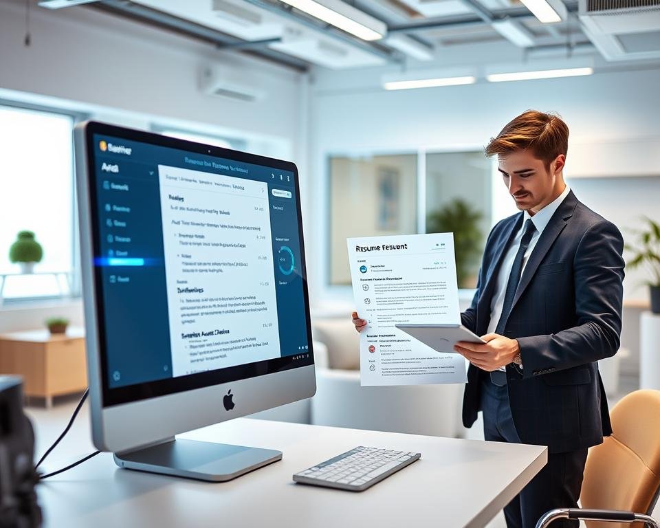 A futuristic workspace showcasing automated resume content creation. In the foreground, a sleek, modern computer screen displays an AI-powered resume builder interface with sections being auto-filled; a vibrant, glowing progress bar indicates real-time processing. In the middle, a young professional dressed in smart business attire examines the generated resume with a look of satisfaction, while a digital tablet beside them illustrates key statistics and insights about job applications. In the background, a minimalist office setting with contemporary furniture and bright, natural lighting amplifies the innovation. Soft blue and green hues create a tech-savvy atmosphere, emphasizing the advancements in resume writing. Include the brand name "StylingCV" prominently on the computer screen.