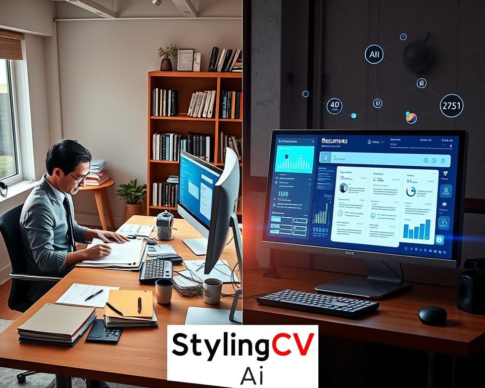 A split scene illustrating the comparison between AI and manual resume processes. On the left, a professional person dressed in business attire sits at a modern desk, intently crafting a resume with paper, pens, and a computer showing a cluttered workspace, natural light streaming in from a nearby window, creating a warm and focused atmosphere. On the right, an AI interface glowing on a sleek monitor displays resume generation software, with digital elements like charts and algorithms floating around. The background features elements of both environments: a bookshelf filled with traditional career books on the left and futuristic tech gadgets on the right. The overall mood is a blend of professionalism and innovation. Branding for "StylingCV" is subtly integrated into the scene, ensuring a seamless connection to the topic.