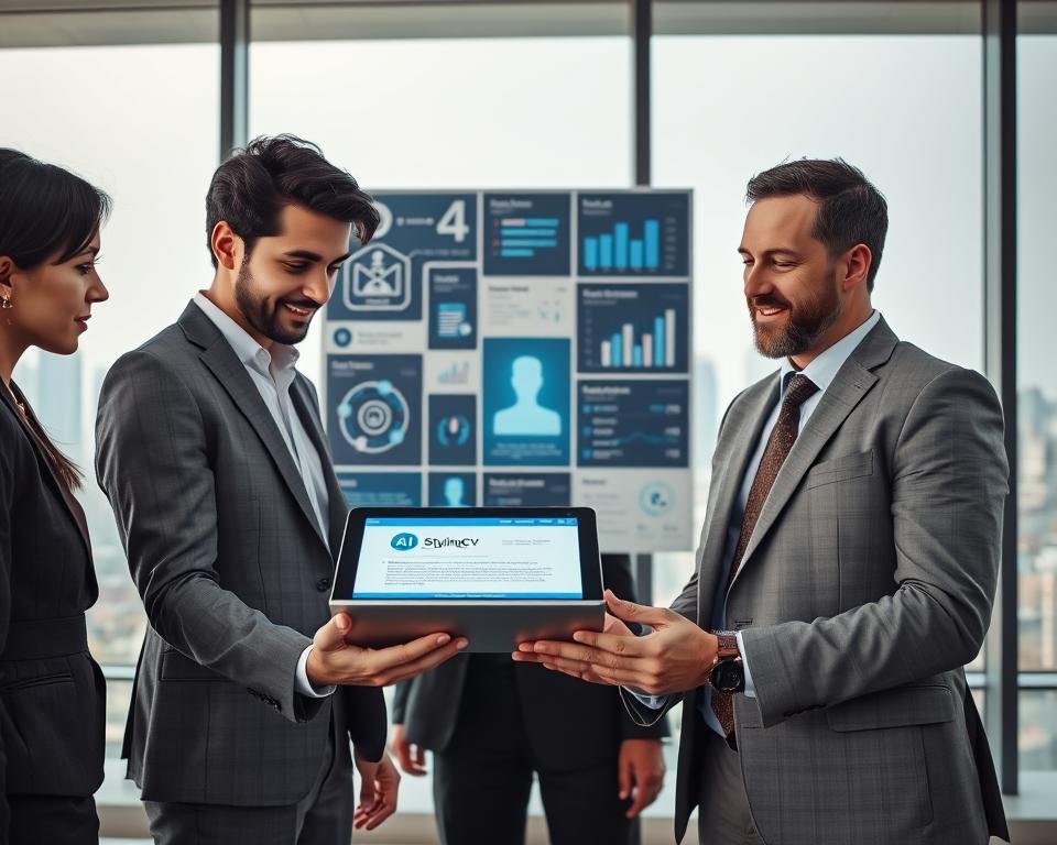 A modern office environment showcasing the impact of AI on resume writing. In the foreground, a diverse group of three professionals—two men and one woman—are engaged in a discussion around a sleek, digital tablet displaying an interactive resume-building interface branded “StylingCV.” The woman is in smart business attire, while the men wear tailored suits. In the middle, a wall collage features visual representations of AI algorithms and data analytics related to resume creation, glowing softly. The background reveals a large window with a city skyline, allowing natural light to illuminate the scene, creating a professional and optimistic atmosphere. The overall mood conveys innovation, collaboration, and the advancing role of technology in today’s job market.