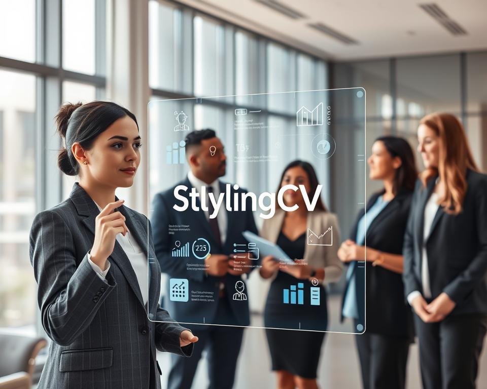 A professional setting where a diverse group of individuals in smart business attire are engaging with a holographic AI interface, representing a futuristic AI resume builder. In the foreground, a young woman is manipulating the holographic interface with a thoughtful expression, selecting options to customize her resume. In the middle, two colleagues are discussing their career transitions, with digital charts and icons around them illustrating job market trends and opportunities. The background features a sleek, modern office with large windows allowing natural light to pour in, creating an optimistic and inspiring atmosphere. The branding "StylingCV" should be subtly integrated into the holographic display. The lighting is bright and encouraging, enhancing the mood of innovation and opportunity.