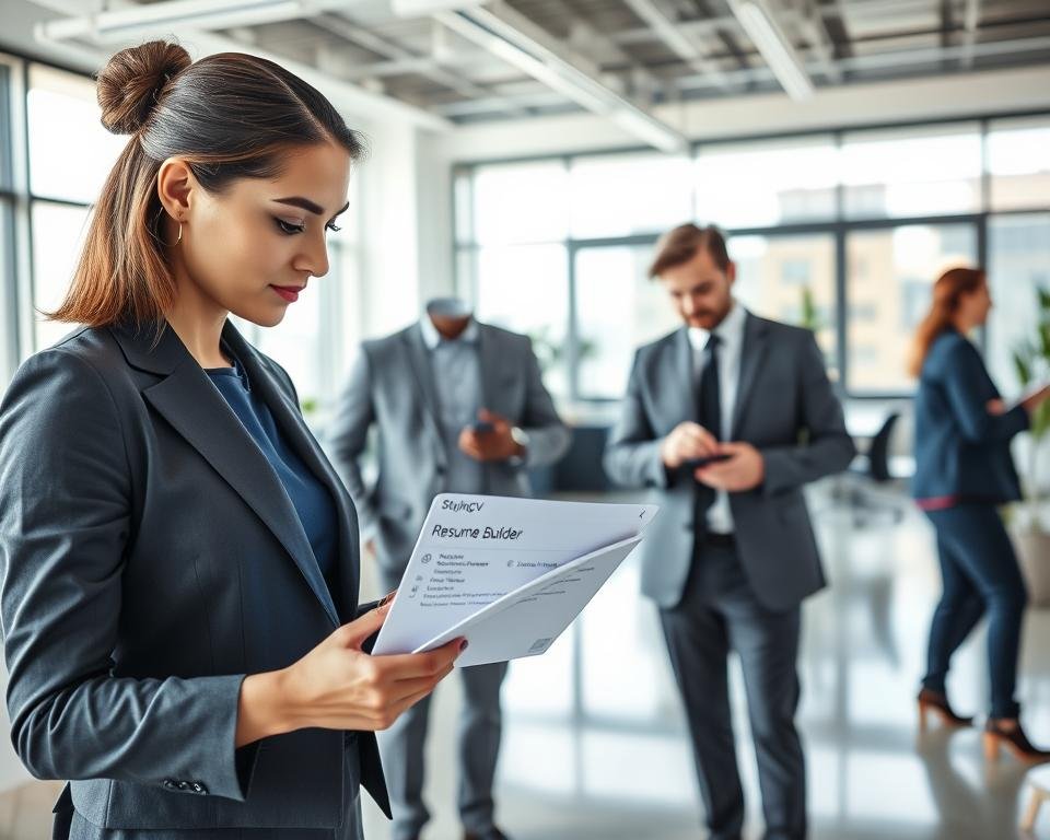 A sleek, modern workspace featuring a diverse group of professionals engaged in a collaborative environment, showcasing the benefits of an AI resume builder for career transitions. In the foreground, a professional woman in smart business attire examines an interactive digital screen displaying an AI-driven resume builder interface from "StylingCV." In the middle, a man in a tailored suit is discussing insights with a colleague, both appearing focused and motivated. The background features a bright, airy office with large windows allowing natural light to illuminate the space, enhancing a positive atmosphere. The mood is inspirational and forward-thinking, symbolizing growth and opportunity for career changers. Shot with a wide-angle lens to capture the dynamism and energy of the setting.