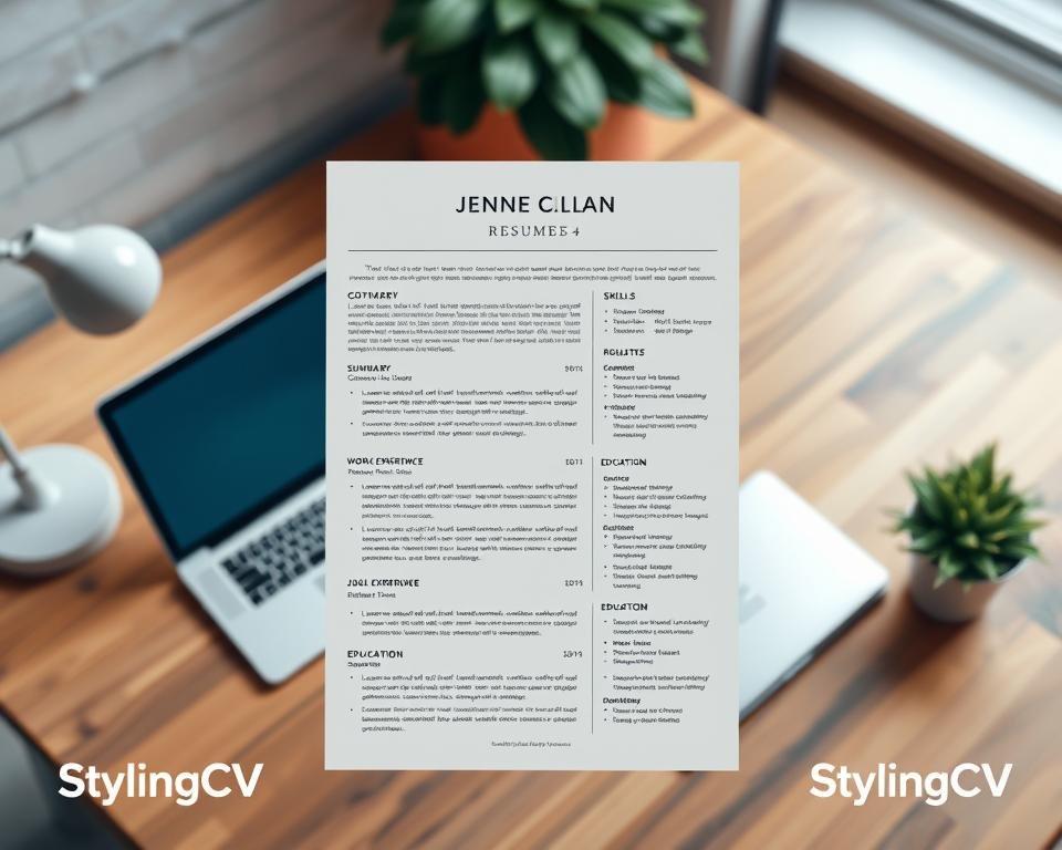A professional and clean résumé example displayed prominently in the center of the image. The résumé should feature distinct sections such as contact information, a summary, work experience, education, and skills, each clearly labeled for clarity and visual appeal. Use a neutral color palette with touches of blue and gray for sophistication. In the background, softly blurred office elements like a desk, a laptop, and a plant create a warm and inviting atmosphere that suggests productivity and professionalism. Slightly overhead angle to provide a clear view of the resume, with soft, diffused lighting that casts subtle shadows. The mood should evoke a sense of order and clarity, emphasizing a structured approach to creating a résumé. Signature "StylingCV" watermark in the bottom corner.