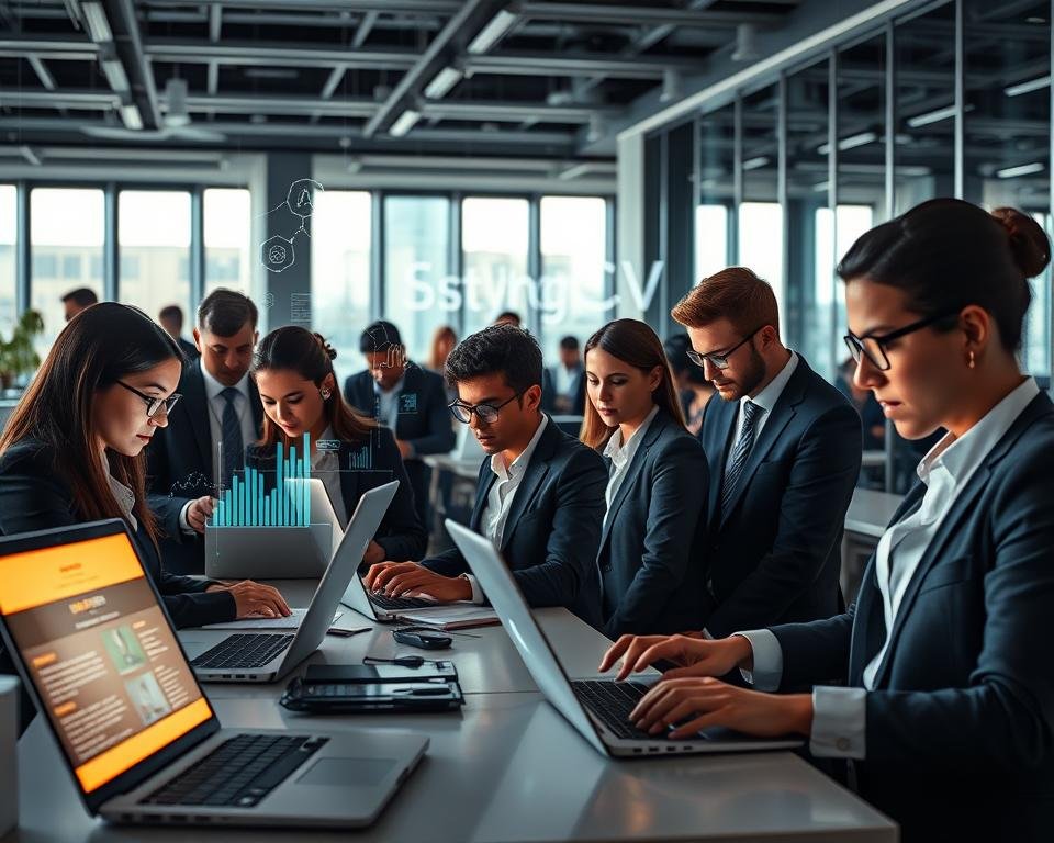 A futuristic office setting showcasing how AI is revolutionizing resume writing. In the foreground, a diverse group of professionals in business attire, engaged in creating resumes using sleek laptops with glowing screens. The middle layer features digital elements like graphs and AI algorithms visually flowing from the screens, illustrating the technology's influence on content creation. The background includes a modern workspace with large windows, allowing natural light to illuminate the scene, casting soft shadows. The atmosphere is one of innovation and collaboration, emphasizing professionalism and creativity. Include elements like the brand name "StylingCV" subtly integrated into the workspace, symbolizing cutting-edge resume building tools.