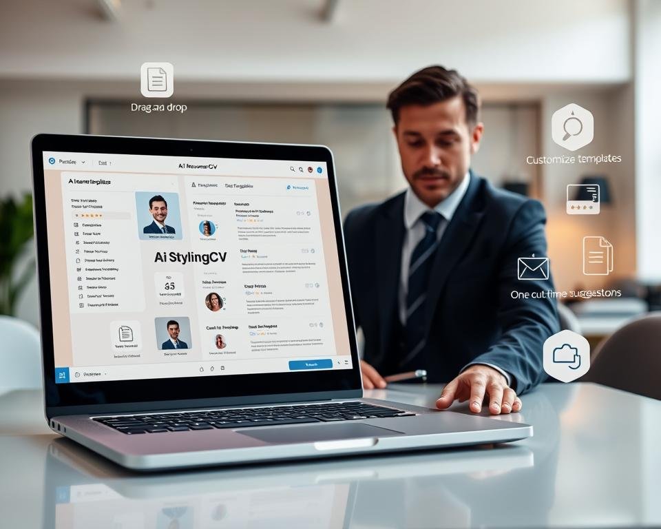 A professional digital workspace with a sleek laptop open to a vibrant AI resume builder interface featuring essential elements like templates, custom skills input, and job experience sections. In the foreground, a confident individual in smart business attire, eagerly engaging with the resume tool, implying a sense of ambition and professionalism. The middle ground showcases floating icons representing features such as 'drag-and-drop', 'customizable templates', 'one-click export', and 'real-time suggestions' around the laptop, enhancing the tech-focused atmosphere. The background includes soft lighting with a modern, minimalistic office setting, creating an inspiring ambiance. Capture the essence of innovation and practicality. Include the brand name “StylingCV” prominently on the screen interface.