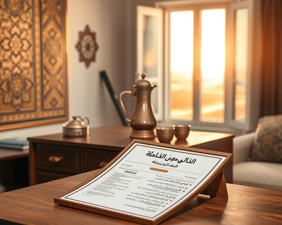 A beautifully designed Arabic resume displayed prominently on a wooden desk, surrounded by cultural elements indicative of the Arabic-speaking world. In the foreground, a neatly framed resume showcases elegant Arabic calligraphy and a professional layout, with bullet points for work experience and education. The middle layer features a traditional Arabic coffee pot and small cups, symbolizing hospitality and conversation, reflecting the cultural context. In the background, a softly lit room with intricate geometric patterns on the walls and a window revealing a serene desert landscape bathed in warm golden light. The scene conveys a sense of professionalism, combined with cultural richness, creating an inviting atmosphere for understanding the nuances of Arabic resumes. A beautifully designed Arabic resume displayed prominently on a wooden desk, surrounded by cultural elements indicative of the Arabic-speaking world. In the foreground, a neatly framed resume showcases elegant Arabic calligraphy and a professional layout, with bullet points for work experience and education. The middle layer features a traditional Arabic coffee pot and small cups, symbolizing hospitality and conversation, reflecting the cultural context. In the background, a softly lit room with intricate geometric patterns on the walls and a window revealing a serene desert landscape bathed in warm golden light. The scene conveys a sense of professionalism, combined with cultural richness, creating an inviting atmosphere for understanding the nuances of Arabic resumes.