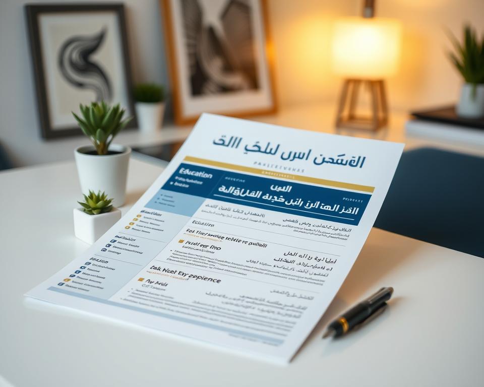 A beautifully designed Arabic resume layout on a clean white desk. The foreground showcases a polished, professional resume with elegant Arabic calligraphy and clear sections for personal information, education, work experience, and skills. Each section is neatly arranged, using a harmonious color palette of blues and golds for a sophisticated touch. In the middle ground, a stylish ballpoint pen rests beside the resume, and a small, minimalist plant adds a hint of greenery. The background features subtle office decor, such as a framed artwork and a modern desk lamp casting soft, warm light, creating an inviting atmosphere. The overall mood is professional and inspiring, reflecting the importance of effective formatting in a job application. A beautifully designed Arabic resume layout on a clean white desk. The foreground showcases a polished, professional resume with elegant Arabic calligraphy and clear sections for personal information, education, work experience, and skills. Each section is neatly arranged, using a harmonious color palette of blues and golds for a sophisticated touch. In the middle ground, a stylish ballpoint pen rests beside the resume, and a small, minimalist plant adds a hint of greenery. The background features subtle office decor, such as a framed artwork and a modern desk lamp casting soft, warm light, creating an inviting atmosphere. The overall mood is professional and inspiring, reflecting the importance of effective formatting in a job application.