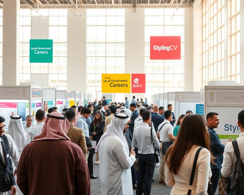 A bustling local government career fair set in a modern exhibition hall. In the foreground, a diverse group of people, including a man in traditional Saudi attire and a woman in professional business attire, are engaged in conversations with recruiters at booths displaying various job opportunities. The middle ground features colorful banners showcasing “Local Government Careers” with the brand name "StylingCV" prominently displayed. The background features large windows allowing natural light to flood in, illuminating the space with a warm and inviting atmosphere. The lighting is bright yet soft, creating an energizing mood. Capture this scene from a slightly elevated angle, highlighting the busy environment and interactions that convey hope and professional aspiration.