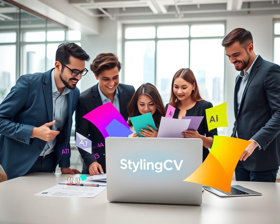 A bustling modern office environment with a clean, professional aesthetic. In the foreground, a diverse group of three individuals, a man in a blue suit, a woman in a sleek black dress, and another individual in smart casual wear, collaborate around a sleek laptop displaying the "StylingCV" logo on the screen. In the middle, vibrant colors from various papers and digital devices infused with AI visual elements subtly swirl around, symbolizing innovation in resume building. The background features a bright window with cityscape views, casting natural light that enhances the focused atmosphere. The overall mood conveys optimism and professionalism, highlighting the transformative influence of AI on job applications. A bustling modern office environment with a clean, professional aesthetic. In the foreground, a diverse group of three individuals, a man in a blue suit, a woman in a sleek black dress, and another individual in smart casual wear, collaborate around a sleek laptop displaying the "StylingCV" logo on the screen. In the middle, vibrant colors from various papers and digital devices infused with AI visual elements subtly swirl around, symbolizing innovation in resume building. The background features a bright window with cityscape views, casting natural light that enhances the focused atmosphere. The overall mood conveys optimism and professionalism, highlighting the transformative influence of AI on job applications.
