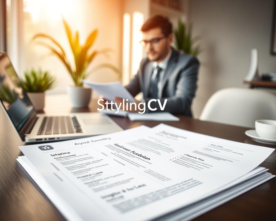 A clean and organized workspace featuring an ATS-friendly resume template on a desk. In the foreground, a well-structured resume printed on high-quality paper, showcasing clear headings, bullet points, and unbiased fonts like Arial or Calibri. The middle section includes a laptop open with a partially visible screen displaying a job application section, while a professional man dressed in traditional KSA attire, with a kandora and shmagh, is reviewing documents. The background features soft, natural lighting filtering through a window, casting a warm glow, enhancing a productive and focused atmosphere. Subtle touches like a potted plant and a cup of coffee add warmth to the scene. The logo "StylingCV" should be subtly integrated into the resume design, without being the focus. A clean and organized workspace featuring an ATS-friendly resume template on a desk. In the foreground, a well-structured resume printed on high-quality paper, showcasing clear headings, bullet points, and unbiased fonts like Arial or Calibri. The middle section includes a laptop open with a partially visible screen displaying a job application section, while a professional man dressed in traditional KSA attire, with a kandora and shmagh, is reviewing documents. The background features soft, natural lighting filtering through a window, casting a warm glow, enhancing a productive and focused atmosphere. Subtle touches like a potted plant and a cup of coffee add warmth to the scene. The logo "StylingCV" should be subtly integrated into the resume design, without being the focus.