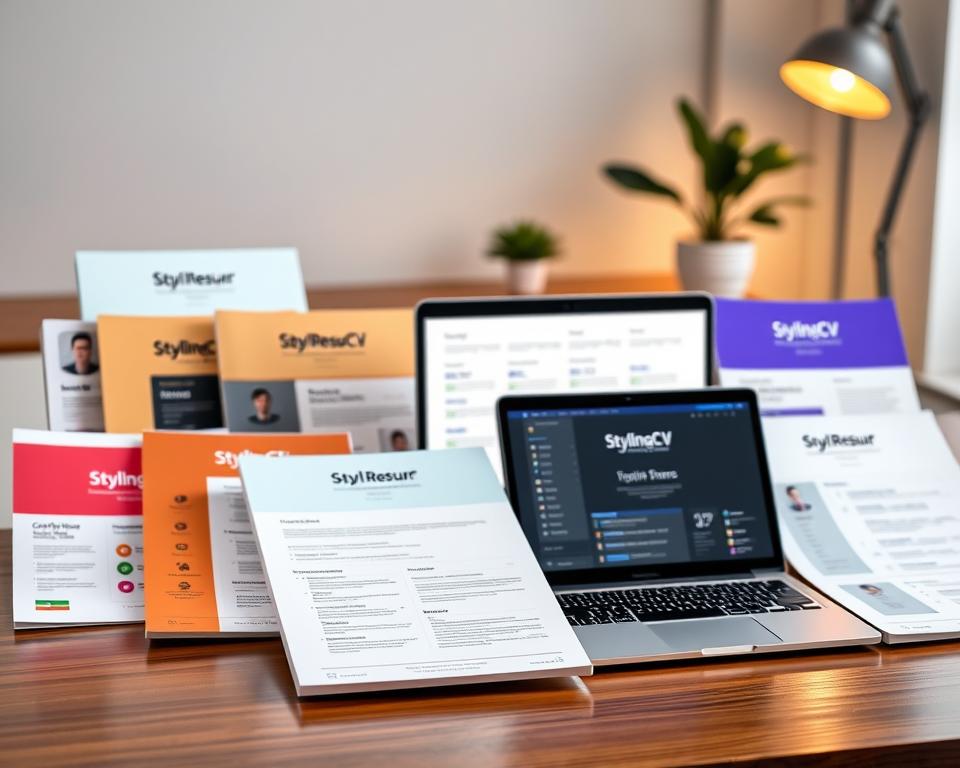 A collection of high-quality resume templates displayed elegantly on a polished wooden desk. In the foreground, several templates in vibrant colors, varying layouts, and professional styles, some featuring subtle graphic elements. The middle ground showcases a sleek laptop open with the StylingCV logo visible on the screen, exemplifying user-friendly design. The background includes soft-focus elements like a potted plant and a stylish lamp casting a warm glow, enhancing the inviting atmosphere. The lighting is bright but soft, suggesting a focused, productive workspace. The scene conveys a sense of professionalism and creativity, making it ideal for anyone seeking to craft an impressive resume with ease. A collection of high-quality resume templates displayed elegantly on a polished wooden desk. In the foreground, several templates in vibrant colors, varying layouts, and professional styles, some featuring subtle graphic elements. The middle ground showcases a sleek laptop open with the StylingCV logo visible on the screen, exemplifying user-friendly design. The background includes soft-focus elements like a potted plant and a stylish lamp casting a warm glow, enhancing the inviting atmosphere. The lighting is bright but soft, suggesting a focused, productive workspace. The scene conveys a sense of professionalism and creativity, making it ideal for anyone seeking to craft an impressive resume with ease.