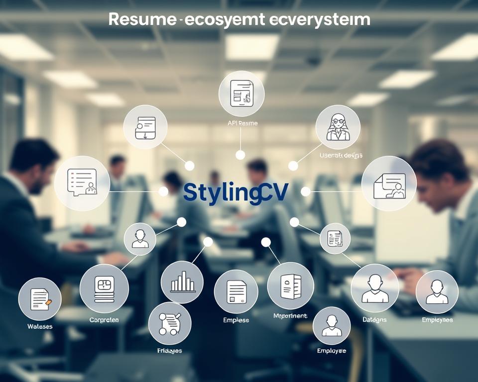 A detailed and visually engaging illustration depicting the "Resume Parser Ecosystem Overview" for an AI Resume Builder API. In the foreground, showcase various elements like interconnected APIs, user interface designs, databases, and employee profiles, rendered in sleek, modern icons. The middle ground should feature a variety of data flow representations, such as arrows and network lines, illustrating the interaction between different components. In the background, create a stylized office environment with blurred outlines of professionals in business attire working on computers, symbolizing the integration in a corporate setting. Use soft, professional lighting to create a polished look, capturing a tech-savvy and innovative atmosphere. Emphasize the brand "StylingCV" within the ecosystem elements, conveying a sense of modernity and efficiency. A detailed and visually engaging illustration depicting the "Resume Parser Ecosystem Overview" for an AI Resume Builder API. In the foreground, showcase various elements like interconnected APIs, user interface designs, databases, and employee profiles, rendered in sleek, modern icons. The middle ground should feature a variety of data flow representations, such as arrows and network lines, illustrating the interaction between different components. In the background, create a stylized office environment with blurred outlines of professionals in business attire working on computers, symbolizing the integration in a corporate setting. Use soft, professional lighting to create a polished look, capturing a tech-savvy and innovative atmosphere. Emphasize the brand "StylingCV" within the ecosystem elements, conveying a sense of modernity and efficiency.