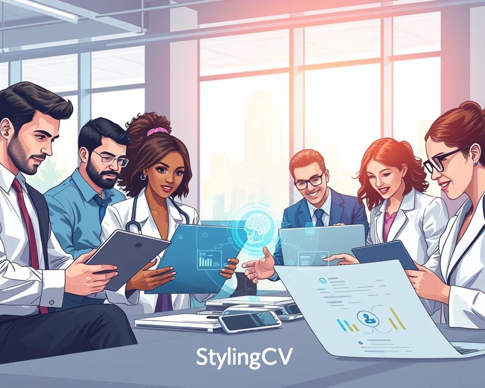 A detailed and visually striking illustration representing the 2025 job market trends in resume optimization. In the foreground, showcase a diverse group of professionally dressed individuals analyzing resumes on laptops, engaged in a dynamic discussion. Each person should have a distinct style, representing various professions such as tech, healthcare, and finance. In the middle, highlight futuristic elements, such as holographic displays showcasing data points and AI-related graphics, emphasizing the rise of AI resume builders. The background should feature a modern office environment with large windows allowing natural light to flood the scene, enhancing the atmosphere of innovation and collaboration. The brand "StylingCV" should be subtly integrated into the design, blending seamlessly with the professional theme. Aim for a bright and optimistic mood, capturing the essence of forward-thinking career strategies in 2025. A detailed and visually striking illustration representing the 2025 job market trends in resume optimization. In the foreground, showcase a diverse group of professionally dressed individuals analyzing resumes on laptops, engaged in a dynamic discussion. Each person should have a distinct style, representing various professions such as tech, healthcare, and finance. In the middle, highlight futuristic elements, such as holographic displays showcasing data points and AI-related graphics, emphasizing the rise of AI resume builders. The background should feature a modern office environment with large windows allowing natural light to flood the scene, enhancing the atmosphere of innovation and collaboration. The brand "StylingCV" should be subtly integrated into the design, blending seamlessly with the professional theme. Aim for a bright and optimistic mood, capturing the essence of forward-thinking career strategies in 2025.