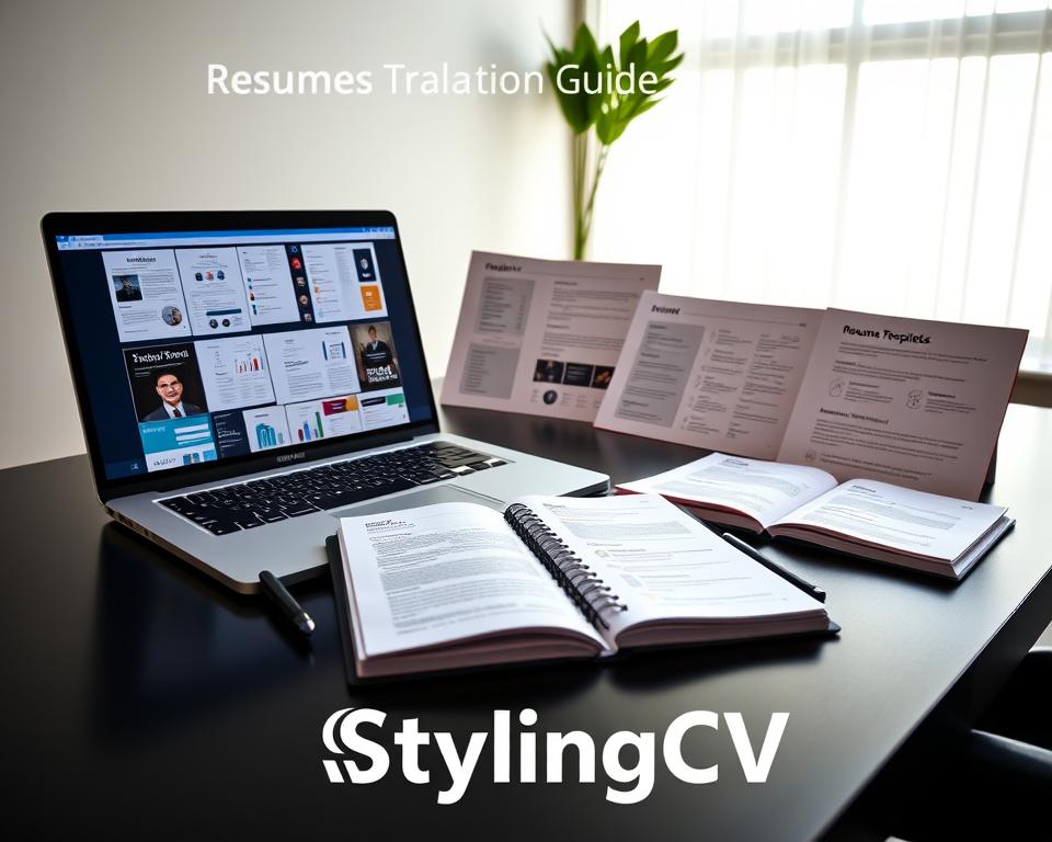 A detailed resume template selection guide showcased on a sleek, modern desk. In the foreground, an elegantly designed laptop displays various professional resume templates with diverse layouts, colors, and formats. Beside it, a stylish pen and a notebook filled with notes create an inviting workspace. The middle ground features a selection of printed resume templates fanned out, highlighting different styles from minimalist to creative. In the background, soft natural light filters through a nearby window, illuminating a calm and focused atmosphere, enhancing the idea of preparation and professionalism. The overall mood is inspiring and motivating, ideal for someone building a professional resume. The brand name "StylingCV" subtly integrated into the design elements, reflecting a commitment to quality and style in resume creation. A detailed resume template selection guide showcased on a sleek, modern desk. In the foreground, an elegantly designed laptop displays various professional resume templates with diverse layouts, colors, and formats. Beside it, a stylish pen and a notebook filled with notes create an inviting workspace. The middle ground features a selection of printed resume templates fanned out, highlighting different styles from minimalist to creative. In the background, soft natural light filters through a nearby window, illuminating a calm and focused atmosphere, enhancing the idea of preparation and professionalism. The overall mood is inspiring and motivating, ideal for someone building a professional resume. The brand name "StylingCV" subtly integrated into the design elements, reflecting a commitment to quality and style in resume creation.