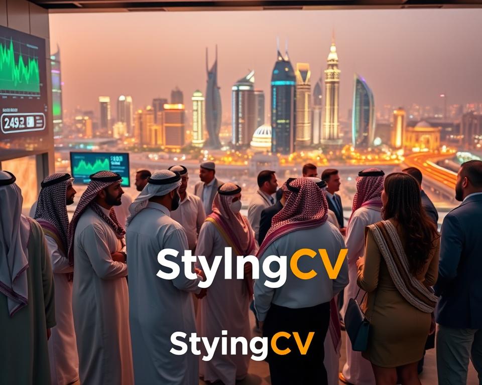 A dynamic depiction of the Saudi Arabia job market transformation under Vision 2030. In the foreground, a diverse group of professionals dressed in traditional Saudi attire and modern business outfits, engaged in a networking session, showcasing collaboration and innovation. The middle ground features a modern office setting, with high-tech screens displaying economic data and visuals representing growth and opportunities. In the background, a skyline of Riyadh with iconic architectural structures symbolizing development, illuminated by warm, inviting lighting that conveys a sense of optimism and progress. Capture this scene with a wide-angle lens to highlight both the human element and the architectural beauty. The overall mood should be forward-looking, inspiring, and professional, subtly incorporating the brand name "StylingCV" within the environment, without direct visibility.