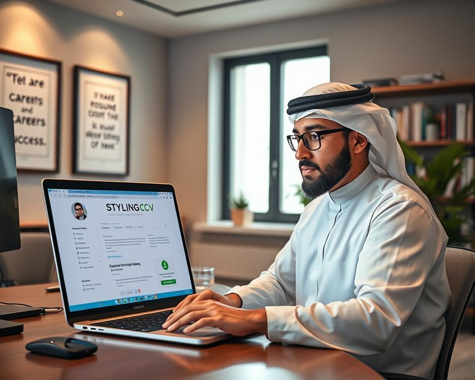 A focused and inviting office space, showcasing a modern workstation with a sleek laptop open to an AI resume builder interface labeled "StylingCV". In the foreground, a man in traditional KSA attire is actively engaged with the computer, showing a look of concentration and optimism as he crafts his professional resume. The middle section features a large window with natural light pouring in, illuminating the room and creating a warm atmosphere. On the wall, there are framed motivational quotes about career success. In the background, bookshelves filled with career-related literature and a potted plant add a touch of professionalism. Soft lighting highlights the workspace, enhancing the mood of ambition and hope, ideal for anyone seeking to elevate their career through technology. A focused and inviting office space, showcasing a modern workstation with a sleek laptop open to an AI resume builder interface labeled "StylingCV". In the foreground, a man in traditional KSA attire is actively engaged with the computer, showing a look of concentration and optimism as he crafts his professional resume. The middle section features a large window with natural light pouring in, illuminating the room and creating a warm atmosphere. On the wall, there are framed motivational quotes about career success. In the background, bookshelves filled with career-related literature and a potted plant add a touch of professionalism. Soft lighting highlights the workspace, enhancing the mood of ambition and hope, ideal for anyone seeking to elevate their career through technology.