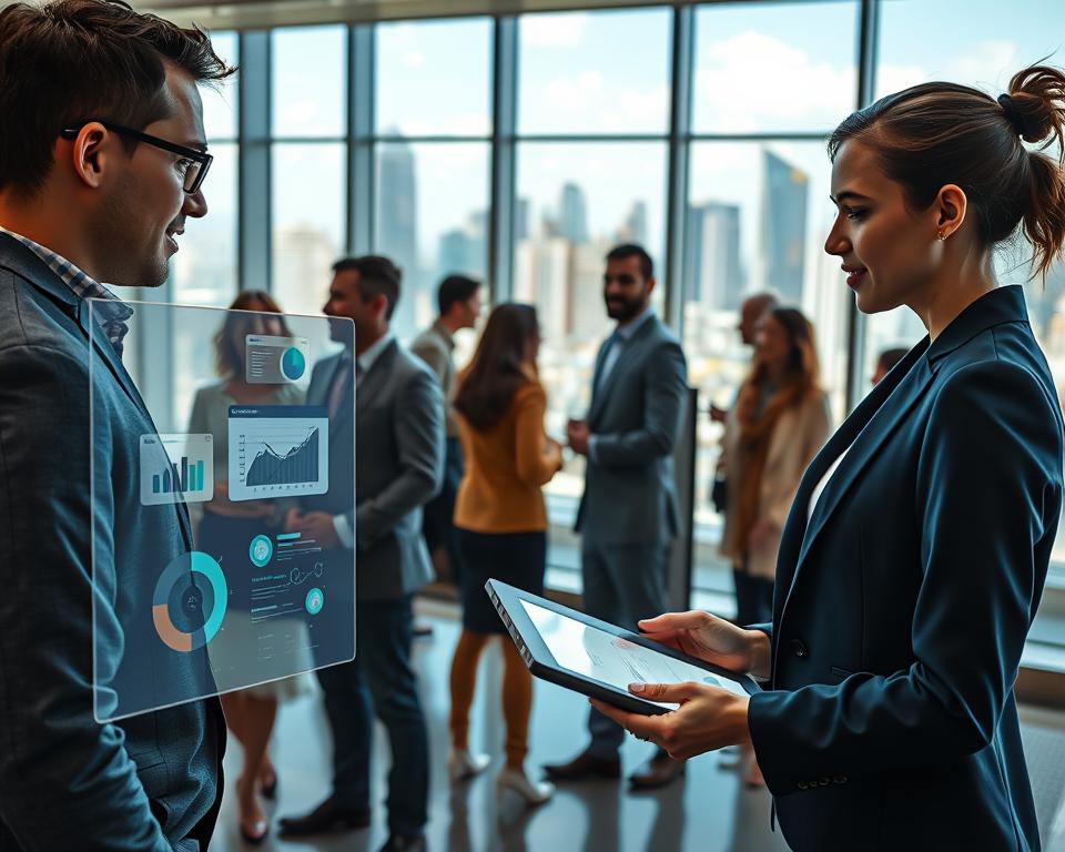 A futuristic 2025 job market scene depicting a diverse group of professionals engaged in various job-seeking activities. In the foreground, a woman in business attire interacts with an AI resume builder on a sleek tablet, showcasing a modern interface. To the left, a man in smart-casual clothing analyzes job trends on a holographic display that features graphs and statistics. The middle ground features a bustling office environment with people networking and exchanging ideas, highlighting collaboration in the job market. The background shows a large window overlooking a vibrant cityscape with innovative buildings symbolizing progress. Use bright, optimistic lighting with a focus on the individuals' expressions to convey a sense of hope and opportunity. Incorporate a subtle branding element of "StylingCV" integrated into the design of the tech or surrounding environment. A futuristic 2025 job market scene depicting a diverse group of professionals engaged in various job-seeking activities. In the foreground, a woman in business attire interacts with an AI resume builder on a sleek tablet, showcasing a modern interface. To the left, a man in smart-casual clothing analyzes job trends on a holographic display that features graphs and statistics. The middle ground features a bustling office environment with people networking and exchanging ideas, highlighting collaboration in the job market. The background shows a large window overlooking a vibrant cityscape with innovative buildings symbolizing progress. Use bright, optimistic lighting with a focus on the individuals' expressions to convey a sense of hope and opportunity. Incorporate a subtle branding element of "StylingCV" integrated into the design of the tech or surrounding environment.