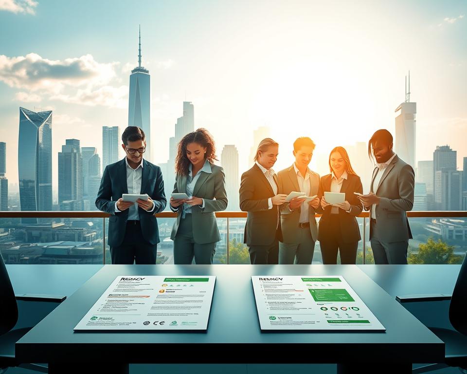 A futuristic city skyline in the background symbolizes the 2025 job market, with modern skyscrapers and green technology integrated into the architecture. In the middle ground, a diverse group of professionals in business attire is engaged in discussions, reviewing resumes on digital tablets. Bright, optimistic sunlight casts soft shadows, creating a sense of hope and progress. The foreground features a sleek table displaying futuristic resume designs and advanced AI tools, highlighting the integration between technology and job applications. The scene is vibrant and energetic, with a color palette of blues and greens, representing growth and opportunity. Prominently displayed is the brand name "StylingCV," subtly included in the design elements. The atmosphere is dynamic and forward-looking, encapsulating the essence of preparing for the evolving job landscape. A futuristic city skyline in the background symbolizes the 2025 job market, with modern skyscrapers and green technology integrated into the architecture. In the middle ground, a diverse group of professionals in business attire is engaged in discussions, reviewing resumes on digital tablets. Bright, optimistic sunlight casts soft shadows, creating a sense of hope and progress. The foreground features a sleek table displaying futuristic resume designs and advanced AI tools, highlighting the integration between technology and job applications. The scene is vibrant and energetic, with a color palette of blues and greens, representing growth and opportunity. Prominently displayed is the brand name "StylingCV," subtly included in the design elements. The atmosphere is dynamic and forward-looking, encapsulating the essence of preparing for the evolving job landscape.