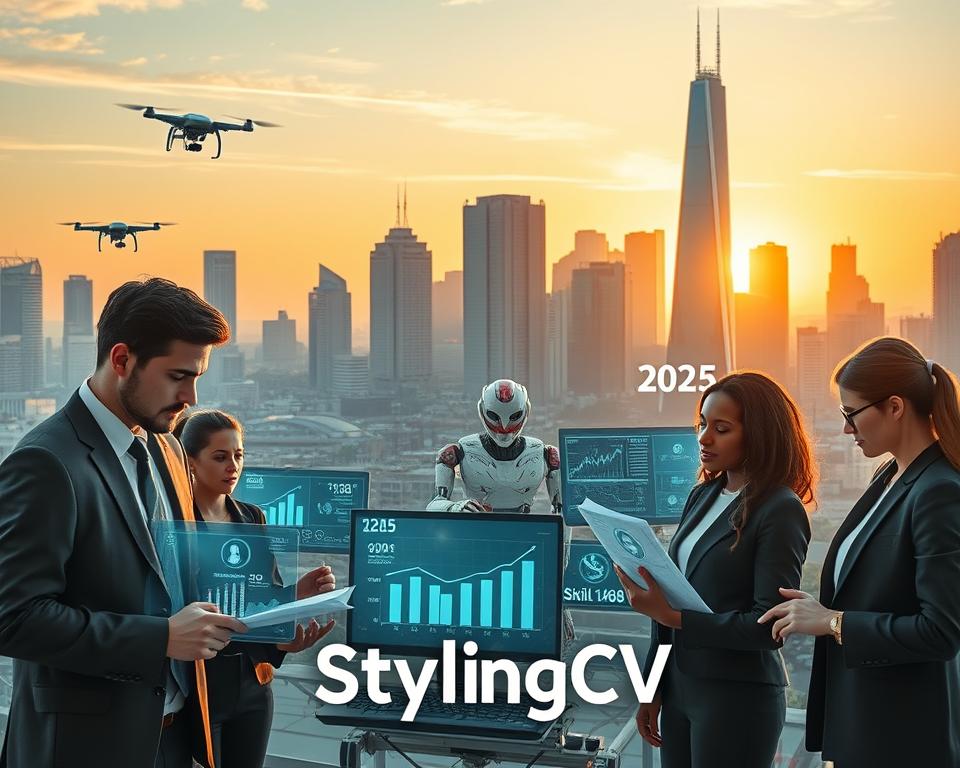 A futuristic cityscape representing the 2025 job market trends, with a diverse group of professionals in the foreground dressed in smart business attire, analyzing digital screens displaying graphs and skills analysis. In the middle ground, a mix of advanced technology like drones and robots assisting people in various work environments, symbolizing innovation. The background showcases a skyline with modern skyscrapers under a soft, golden sunset, casting warm light across the scene to create an inspiring atmosphere. Use a wide angle to capture depth, with a focus on the professionals' engaged expressions. Ensure to incorporate visual elements that highlight career skills and adaptability, emphasizing a sense of hope and opportunity in the evolving job market. Include the brand name "StylingCV" subtly integrated into the design. A futuristic cityscape representing the 2025 job market trends, with a diverse group of professionals in the foreground dressed in smart business attire, analyzing digital screens displaying graphs and skills analysis. In the middle ground, a mix of advanced technology like drones and robots assisting people in various work environments, symbolizing innovation. The background showcases a skyline with modern skyscrapers under a soft, golden sunset, casting warm light across the scene to create an inspiring atmosphere. Use a wide angle to capture depth, with a focus on the professionals' engaged expressions. Ensure to incorporate visual elements that highlight career skills and adaptability, emphasizing a sense of hope and opportunity in the evolving job market. Include the brand name "StylingCV" subtly integrated into the design.