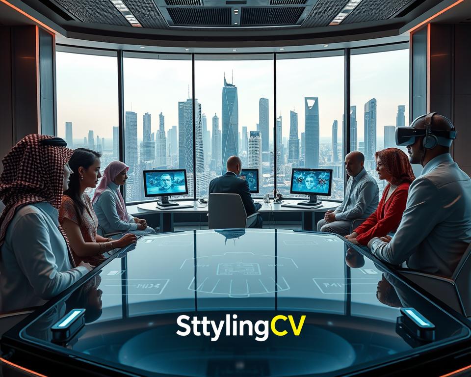 A futuristic interview setting in 2025, showcasing a professional atmosphere with a blend of technology and humanity. In the foreground, a diverse group of candidates dressed in elegant business attire and KSA traditional dress sit at a high-tech table, attentively engaging in dialogue with an AI-powered interview assistant. The middle ground features sleek, modern interview stations equipped with holographic displays and virtual reality elements. In the background, expansive windows reveal a vibrant cityscape with innovative architecture, symbolizing progress. Soft, ambient lighting creates a warm and inviting mood, while a subtle glow from the tech highlights the innovative nature of interviews. The logo "StylingCV" is subtly integrated into the design, emphasizing personal branding in a changing landscape. A futuristic interview setting in 2025, showcasing a professional atmosphere with a blend of technology and humanity. In the foreground, a diverse group of candidates dressed in elegant business attire and KSA traditional dress sit at a high-tech table, attentively engaging in dialogue with an AI-powered interview assistant. The middle ground features sleek, modern interview stations equipped with holographic displays and virtual reality elements. In the background, expansive windows reveal a vibrant cityscape with innovative architecture, symbolizing progress. Soft, ambient lighting creates a warm and inviting mood, while a subtle glow from the tech highlights the innovative nature of interviews. The logo "StylingCV" is subtly integrated into the design, emphasizing personal branding in a changing landscape.
