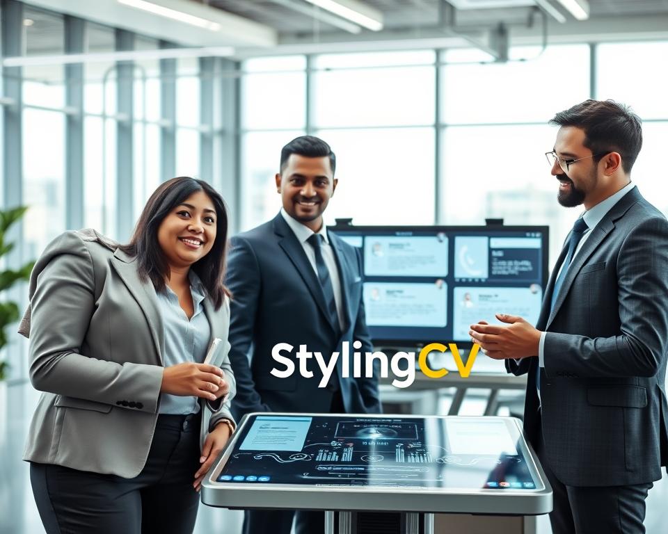 A futuristic office environment depicting the 2025 job market trends focused on AI resume screening. In the foreground, a diverse group of three professionals in business attire—one woman of Asian descent and two men, one Black and one Hispanic—are engaged in a collaborative discussion around a sleek digital interface displaying resumes. In the middle, an advanced computer setup with glowing screens illustrates AI algorithms and analytics related to resume evaluation. The background features a modern workspace with large windows allowing natural light to filter in, creating a bright, inviting atmosphere. The overall mood is optimistic and innovative, emphasizing the merging of technology and job recruitment. The brand name "StylingCV" is subtly incorporated into the digital interface design. A futuristic office environment depicting the 2025 job market trends focused on AI resume screening. In the foreground, a diverse group of three professionals in business attire—one woman of Asian descent and two men, one Black and one Hispanic—are engaged in a collaborative discussion around a sleek digital interface displaying resumes. In the middle, an advanced computer setup with glowing screens illustrates AI algorithms and analytics related to resume evaluation. The background features a modern workspace with large windows allowing natural light to filter in, creating a bright, inviting atmosphere. The overall mood is optimistic and innovative, emphasizing the merging of technology and job recruitment. The brand name "StylingCV" is subtly incorporated into the digital interface design.