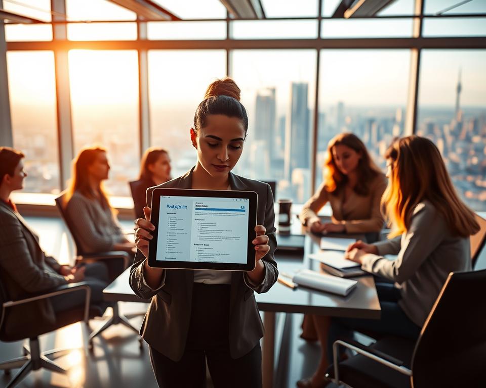A futuristic office environment featuring a diverse group of professionals engaged in a collaborative discussion about resume writing trends in the 2025 job market. In the foreground, a young Middle Eastern woman in professional attire examines a digital tablet displaying a modern resume layout. The middle ground showcases a sleek conference table with printed resumes and digital devices. The background reveals a panoramic view of a vibrant city skyline through large windows, bathed in warm, natural sunlight. The atmosphere is dynamic and optimistic, capturing the essence of innovation and opportunity. Use a wide-angle lens to emphasize the collaborative space, with soft shadows creating an inviting, professional ambiance. A futuristic office environment featuring a diverse group of professionals engaged in a collaborative discussion about resume writing trends in the 2025 job market. In the foreground, a young Middle Eastern woman in professional attire examines a digital tablet displaying a modern resume layout. The middle ground showcases a sleek conference table with printed resumes and digital devices. The background reveals a panoramic view of a vibrant city skyline through large windows, bathed in warm, natural sunlight. The atmosphere is dynamic and optimistic, capturing the essence of innovation and opportunity. Use a wide-angle lens to emphasize the collaborative space, with soft shadows creating an inviting, professional ambiance.