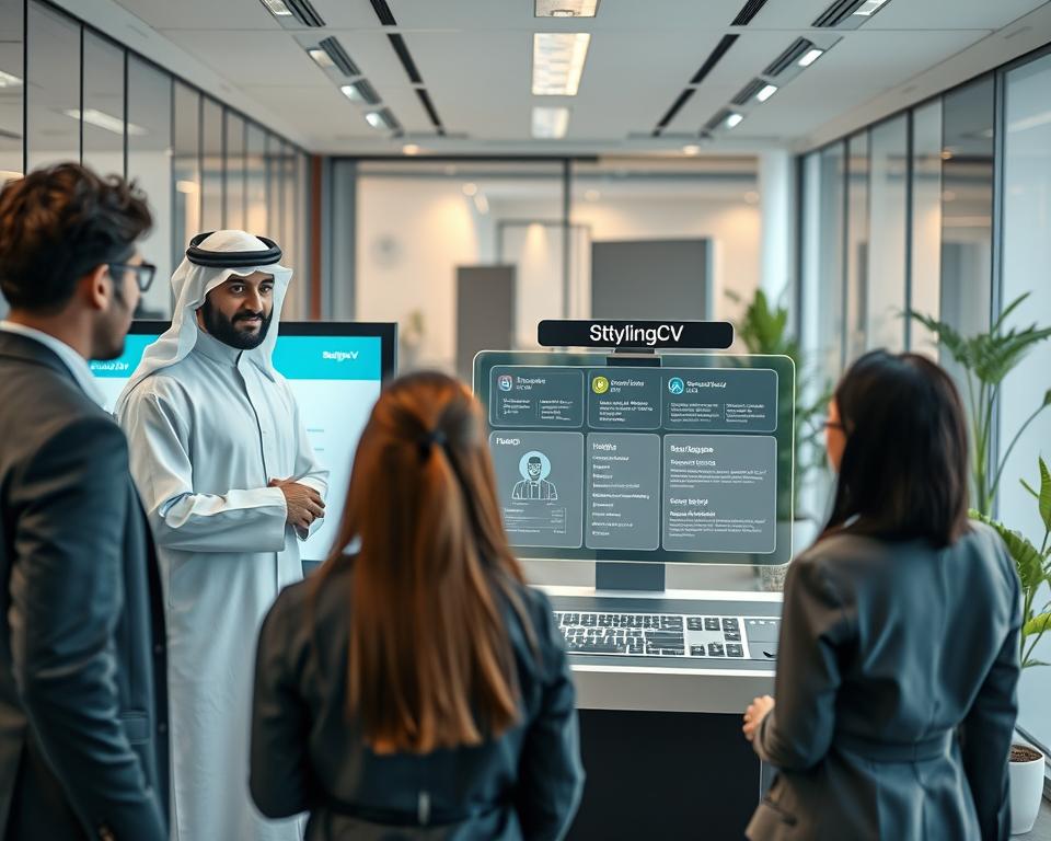 A futuristic office environment filled with advanced technology showcasing AI's influence on resume writing. In the foreground, a diverse group of professionals in smart business attire, including a man in traditional KSA dress, are gathered around a large digital screen displaying an interactive resume interface branded "StylingCV." In the middle, a sleek workstation with holographic displays shows real-time suggestions and personalized resume enhancements, conveying a sense of innovation and collaboration. The background features modern office elements like glass walls and plants, with soft, ambient lighting creating a productive atmosphere. The scene is captured from a slightly elevated angle to emphasize the dynamic interaction between AI and professionals, illustrating the evolving landscape of resume writing in 2025. A futuristic office environment filled with advanced technology showcasing AI's influence on resume writing. In the foreground, a diverse group of professionals in smart business attire, including a man in traditional KSA dress, are gathered around a large digital screen displaying an interactive resume interface branded "StylingCV." In the middle, a sleek workstation with holographic displays shows real-time suggestions and personalized resume enhancements, conveying a sense of innovation and collaboration. The background features modern office elements like glass walls and plants, with soft, ambient lighting creating a productive atmosphere. The scene is captured from a slightly elevated angle to emphasize the dynamic interaction between AI and professionals, illustrating the evolving landscape of resume writing in 2025.