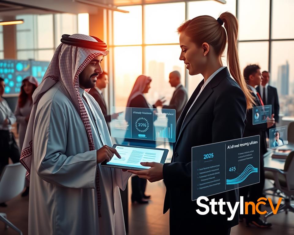 A futuristic office environment illustrating the 2025 job market trends, with a diverse group of professionals engaged in conversations and interactions. In the foreground, a man in traditional KSA dress and a woman in a smart business suit review digital resumes on a sleek tablet. In the middle ground, a modern workspace features various holographic displays showcasing job analytics and AI-driven resume builders. The background reveals a large window with a city skyline, bathed in warm natural light. The atmosphere is dynamic, symbolizing innovation and collaboration. Include subtle branding elements of "StylingCV" in the office decor. Capture the essence of professionalism and technological advancement in the scene. A futuristic office environment illustrating the 2025 job market trends, with a diverse group of professionals engaged in conversations and interactions. In the foreground, a man in traditional KSA dress and a woman in a smart business suit review digital resumes on a sleek tablet. In the middle ground, a modern workspace features various holographic displays showcasing job analytics and AI-driven resume builders. The background reveals a large window with a city skyline, bathed in warm natural light. The atmosphere is dynamic, symbolizing innovation and collaboration. Include subtle branding elements of "StylingCV" in the office decor. Capture the essence of professionalism and technological advancement in the scene.