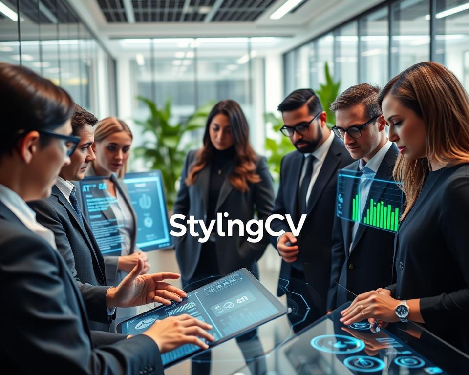 A futuristic office environment illustrating the AI applicant tracking systems hiring process. In the foreground, a diverse group of professionals in business attire examines a digital interface showcasing resumes and data analytics, their expressions focused and engaged. The middle ground features large screens displaying AI algorithms and candidate profiles, glowing with blue and green accents to signify advanced technology. In the background, a sleek, modern office with glass walls and greenery creates a bright, welcoming atmosphere. Soft, natural lighting enhances the scene, while a wide-angle lens captures the dynamic essence of collaboration. The mood is inspiring and forward-thinking, reflecting the impact of AI on the job market in 2025. The brand name "StylingCV" subtly incorporated into the digital interface, blending seamlessly with the professional setting.
