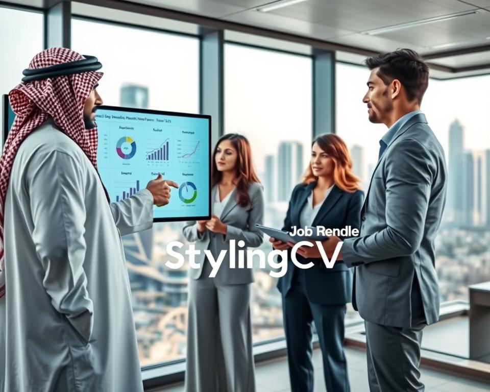 A futuristic office environment in Kuwait, featuring a diverse group of professionals engaged in discussions about job market trends for 2025. In the foreground, a man wearing traditional KSA attire confidently points at a digital screen displaying graphs and data visualizations related to job growth in various sectors. In the middle ground, two women in professional business attire analyze charts while a man in smart casual clothing takes notes. The background features a modern city skyline with tall buildings, depicting Kuwait's evolving economy. Soft, natural lighting filters through large windows, creating an optimistic atmosphere. The image should convey a sense of collaboration and forward-thinking, representative of the changing job landscape. The brand name "StylingCV" subtly integrated into the digital screen.