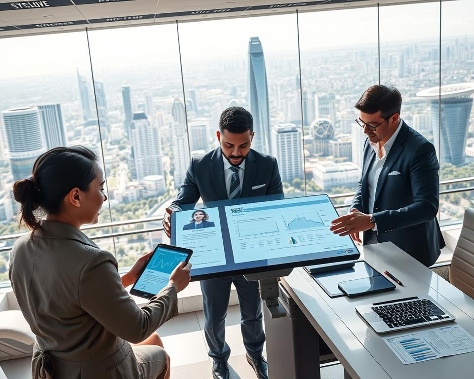 A futuristic office environment representing the 2025 job market trends, with individuals in professional business attire engaged in discussions around advanced AI technologies. In the foreground, a diverse group of three professionals—an Asian woman, a Black man, and a Hispanic woman—collaborating over a digital device displaying a resume-building interface branded "StylingCV". The middle ground features sleek, modern desks with holographic screens showcasing graphs and AI analytics. The background is a panoramic view of a bustling cityscape filled with futuristic architecture and greenery, suggesting innovation and growth. Bright, natural lighting floods the space, creating a vibrant and optimistic atmosphere, captured from a slightly elevated angle to encompass the dynamic workspace. A futuristic office environment representing the 2025 job market trends, with individuals in professional business attire engaged in discussions around advanced AI technologies. In the foreground, a diverse group of three professionals—an Asian woman, a Black man, and a Hispanic woman—collaborating over a digital device displaying a resume-building interface branded "StylingCV". The middle ground features sleek, modern desks with holographic screens showcasing graphs and AI analytics. The background is a panoramic view of a bustling cityscape filled with futuristic architecture and greenery, suggesting innovation and growth. Bright, natural lighting floods the space, creating a vibrant and optimistic atmosphere, captured from a slightly elevated angle to encompass the dynamic workspace.