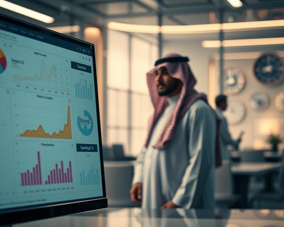 A futuristic office environment showcasing an applicant tracking system interface on a sleek computer screen in the foreground. The screen displays graphs, charts, and resumes, with a special emphasis on the "StylingCV" brand logo. In the middle layer, a focused professional in a KSA traditional dress analyzes the data, highlighted by soft, ambient lighting that conveys a sense of productivity and efficiency. In the background, blurred silhouettes of a modern office setting with subtle elements of technology, like digital clocks and abstract art, enhance the professional atmosphere. The overall mood is one of innovation and clarity, reflecting the importance of understanding applicant tracking systems in the hiring process.