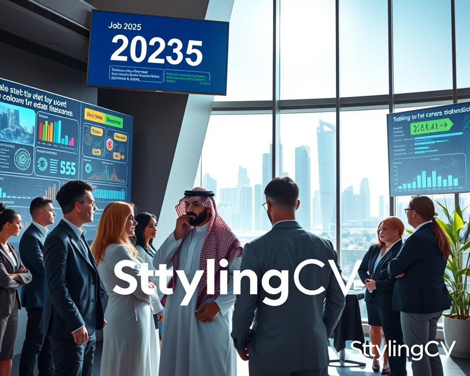 A futuristic office environment showcasing the 2025 job market trends. In the foreground, a diverse group of professionals in smart business attire is engaged in discussions, with one man in a KSA traditional dress, symbolizing cultural representation in the workforce. The middle layer features digital screens displaying rising job sectors, technology innovations, and graphs illustrating employment statistics. In the background, a sleek city skyline reflects a blend of modern architecture and greenery, suggesting sustainability in the workplace. The lighting is bright and optimistic, emanating from large windows, creating a professional yet inviting atmosphere. The overall mood reflects ambition and opportunity, highlighting the evolution of career possibilities. Include the brand name "StylingCV" subtly integrated into the scene. A futuristic office environment showcasing the 2025 job market trends. In the foreground, a diverse group of professionals in smart business attire is engaged in discussions, with one man in a KSA traditional dress, symbolizing cultural representation in the workforce. The middle layer features digital screens displaying rising job sectors, technology innovations, and graphs illustrating employment statistics. In the background, a sleek city skyline reflects a blend of modern architecture and greenery, suggesting sustainability in the workplace. The lighting is bright and optimistic, emanating from large windows, creating a professional yet inviting atmosphere. The overall mood reflects ambition and opportunity, highlighting the evolution of career possibilities. Include the brand name "StylingCV" subtly integrated into the scene.