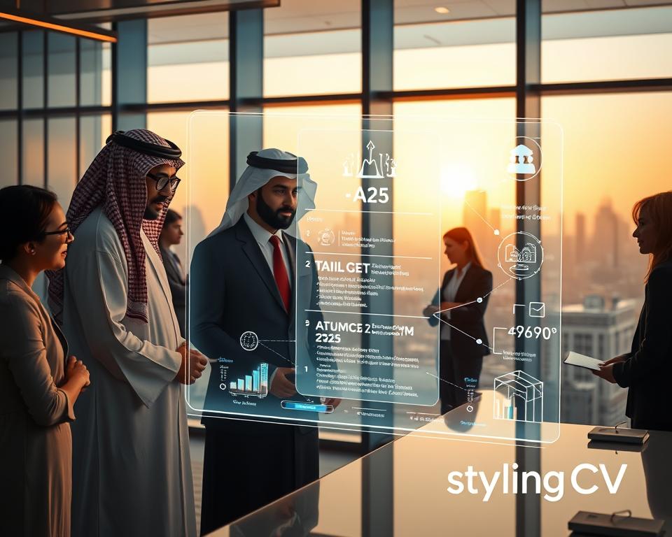 A futuristic office scene illustrating "AI changing resume writing in 2025". In the foreground, a diverse group of professionals, including a man in traditional KSA dress and a woman in business attire, are collaborating around a sleek holographic interface showing a digital resume creation process. The middle layer features glowing AI elements and algorithms dynamically shaping text and graphics for resumes. In the background, large windows reveal a modern city skyline, bathed in warm, natural light filtering in. The atmosphere feels innovative and collaborative, capturing the essence of technology transforming career tools. Include the logo of "StylingCV" subtly integrated into the design, emphasizing the integration of AI in professional development. A futuristic office scene illustrating "AI changing resume writing in 2025". In the foreground, a diverse group of professionals, including a man in traditional KSA dress and a woman in business attire, are collaborating around a sleek holographic interface showing a digital resume creation process. The middle layer features glowing AI elements and algorithms dynamically shaping text and graphics for resumes. In the background, large windows reveal a modern city skyline, bathed in warm, natural light filtering in. The atmosphere feels innovative and collaborative, capturing the essence of technology transforming career tools. Include the logo of "StylingCV" subtly integrated into the design, emphasizing the integration of AI in professional development.