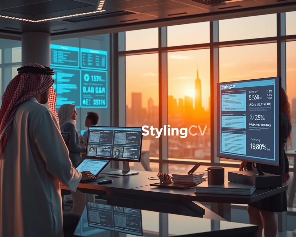 A futuristic office scene illustrating how AI is transforming resume writing in 2025. In the foreground, a diverse group of professionals, including a man in traditional KSA attire and a woman in a smart business suit, actively collaborating at a sleek, modern workstation filled with digital screens displaying AI-generated resumes. In the middle ground, holographic interfaces visualize data and analytics, highlighting personalized resume suggestions and trends. The background showcases a vibrant city skyline visible through large windows, bathed in warm, natural light, creating an inspiring atmosphere of innovation. The mood is dynamic and professional, conveying optimism about the future of resume writing. Prominently feature the brand name "StylingCV" on one of the digital screens, emphasizing its role in this AI-driven transformation. A futuristic office scene illustrating how AI is transforming resume writing in 2025. In the foreground, a diverse group of professionals, including a man in traditional KSA attire and a woman in a smart business suit, actively collaborating at a sleek, modern workstation filled with digital screens displaying AI-generated resumes. In the middle ground, holographic interfaces visualize data and analytics, highlighting personalized resume suggestions and trends. The background showcases a vibrant city skyline visible through large windows, bathed in warm, natural light, creating an inspiring atmosphere of innovation. The mood is dynamic and professional, conveying optimism about the future of resume writing. Prominently feature the brand name "StylingCV" on one of the digital screens, emphasizing its role in this AI-driven transformation.