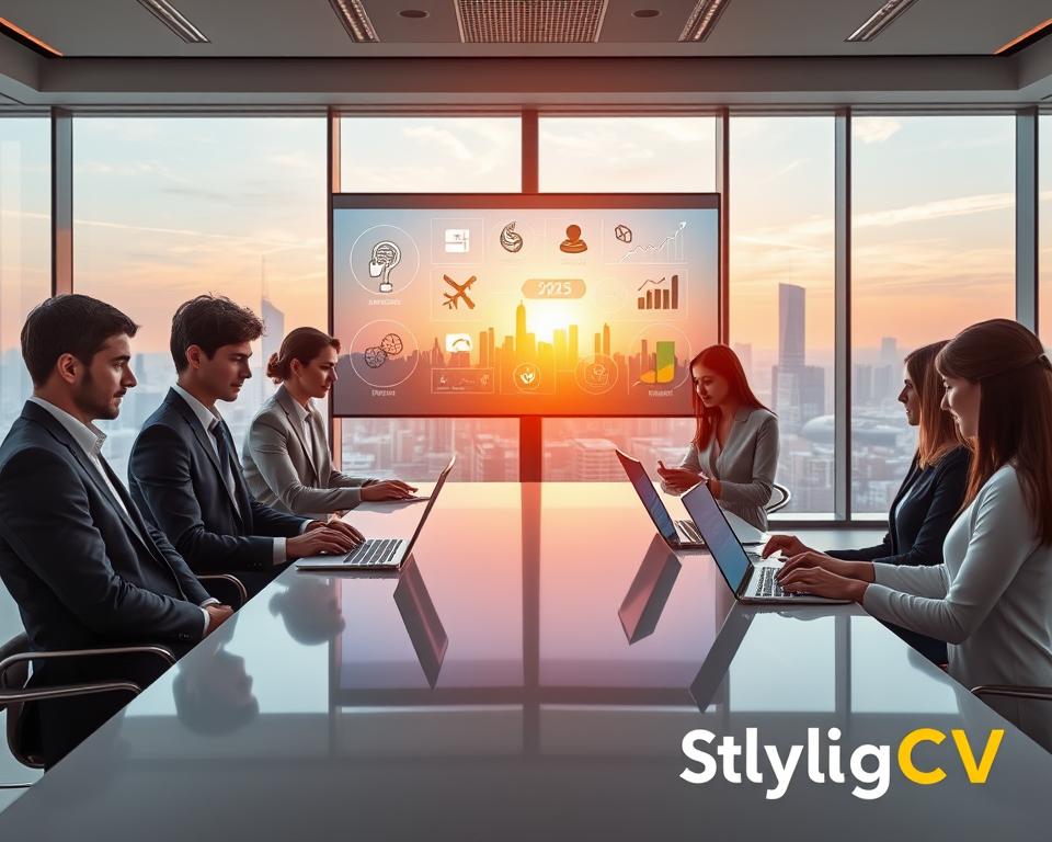 A futuristic office setting depicting the 2025 job market trends. In the foreground, a diverse group of young professionals (men and women of various ethnicities) dressed in smart business attire are engaged in discussion around a sleek table, analyzing digital reports on their laptops. The middle ground features a large screen displaying graphics and icons representing emerging job sectors like AI, sustainability, and remote work. The background showcases a modern city skyline through large windows, illuminated by a warm, inviting sunset, casting soft shadows across the scene. The overall atmosphere conveys optimism and innovation in the workplace, embodying the theme of career growth and future opportunities. Include a subtle logo for "StylingCV" in the corner, blending seamlessly into the professional aesthetic. A futuristic office setting depicting the 2025 job market trends. In the foreground, a diverse group of young professionals (men and women of various ethnicities) dressed in smart business attire are engaged in discussion around a sleek table, analyzing digital reports on their laptops. The middle ground features a large screen displaying graphics and icons representing emerging job sectors like AI, sustainability, and remote work. The background showcases a modern city skyline through large windows, illuminated by a warm, inviting sunset, casting soft shadows across the scene. The overall atmosphere conveys optimism and innovation in the workplace, embodying the theme of career growth and future opportunities. Include a subtle logo for "StylingCV" in the corner, blending seamlessly into the professional aesthetic.
